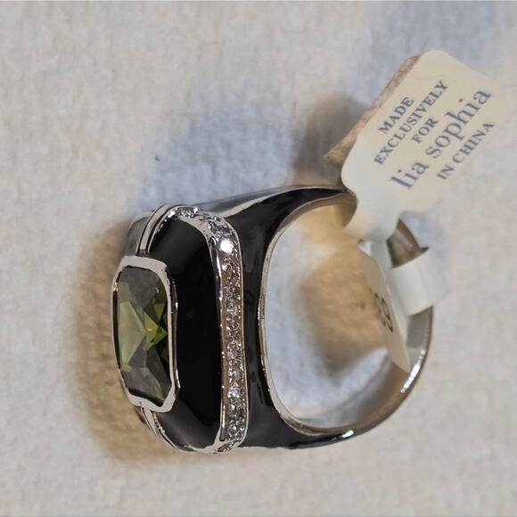 Lia Sophia‎ Vintage Green Crystal Black Enamel Silver tone Ring size 11 New! - Picture 5 of 7